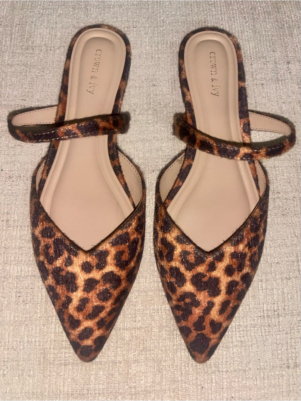 Crown & Ivy 8.5 Leopard Print Pointed Toe Mary Jane Mule Flats Animal Print - Picture 2 of 8